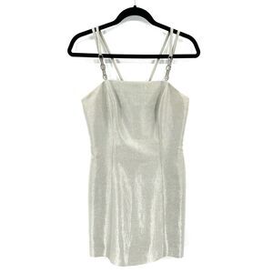 KAY UNGER Silver Metallic Spaghetti Strap Embellished Formal Mini Dress Size 4